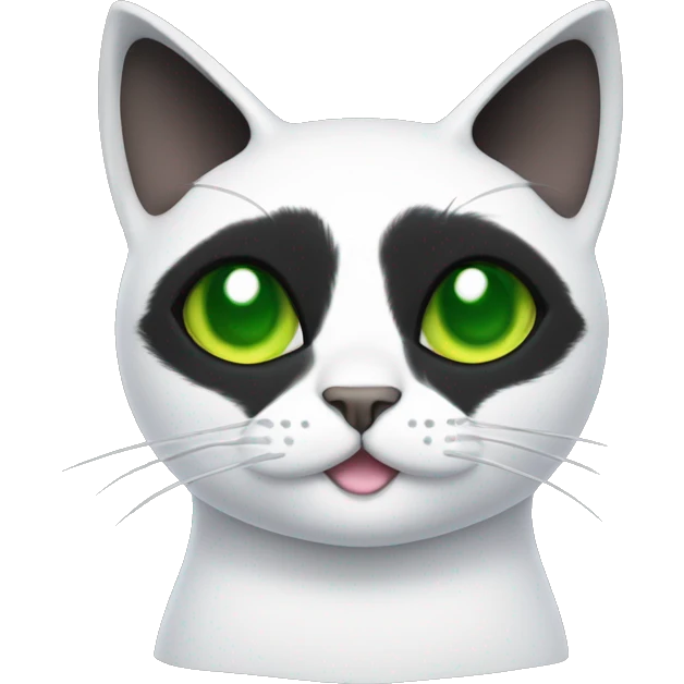 Black cat with a black face, a white stripe down his nose, green eyes, cuts in his ears, and a white chest v shape. Thee should be a small patch of white under the noise, above the lip emoji