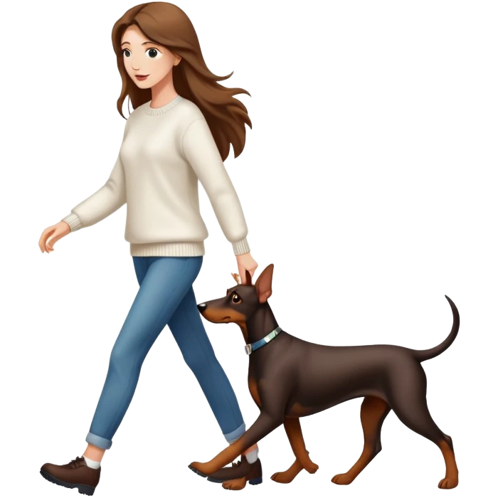 A beautiful long-haired white woman wearing a white sweater walking a Doberman emoji