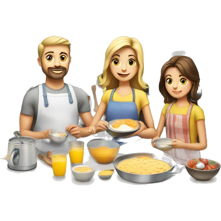 Caucasian family of six 6 preparing breakfast at kitchen  emoji