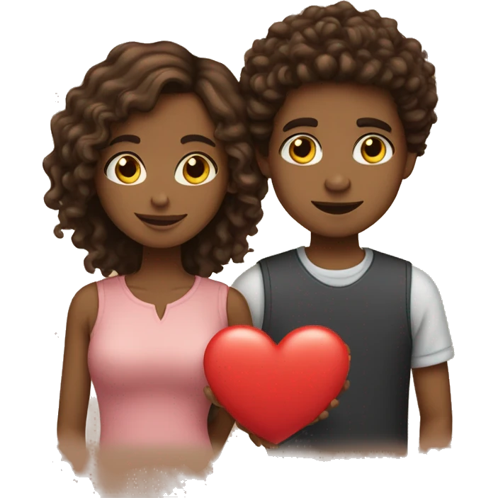 brown girl with straight hair and brown boy with curly hair holding heart together emoji