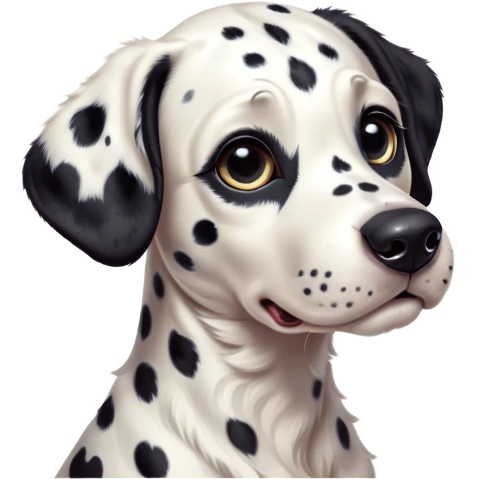 Cinematic Cute Spotted Dalmatian Portrait Emoji, Head tilted playfully and inquisitively, featuring a glossy Fur of predominantly white with dynamic black patches, round, sparkling eyes filled with gentle curiosity, Simplified yet irresistibly adorable features, highly detailed, glowing with a warm, friendly glow, high shine, affectionate and gentle, stylized with a touch of whimsy, bright and endearing, soft glowing outline, capturing the essence of a mischievous yet loving pup, so playful it feels like it could lumber out of the screen and into your arms! emoji