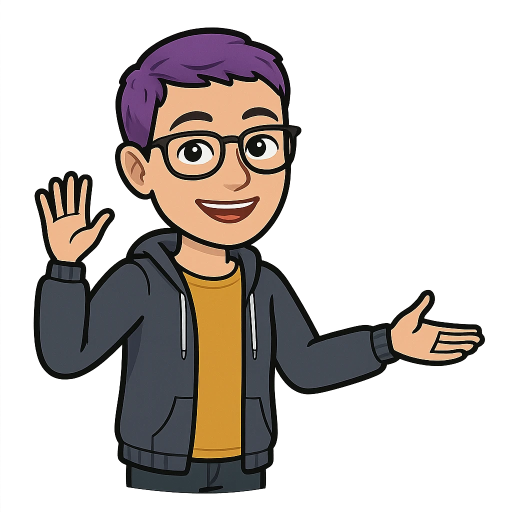 bitmoji style non-binary person with short purple hair, friendly wave, welcoming gesture emoji