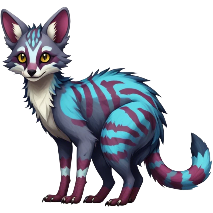 Feral Rare Fantasy dark colorful Vernid-Sergal-Genet-Trico-species by LiLaiRa, random markings, tufted tail, tufted ears, full body emoji