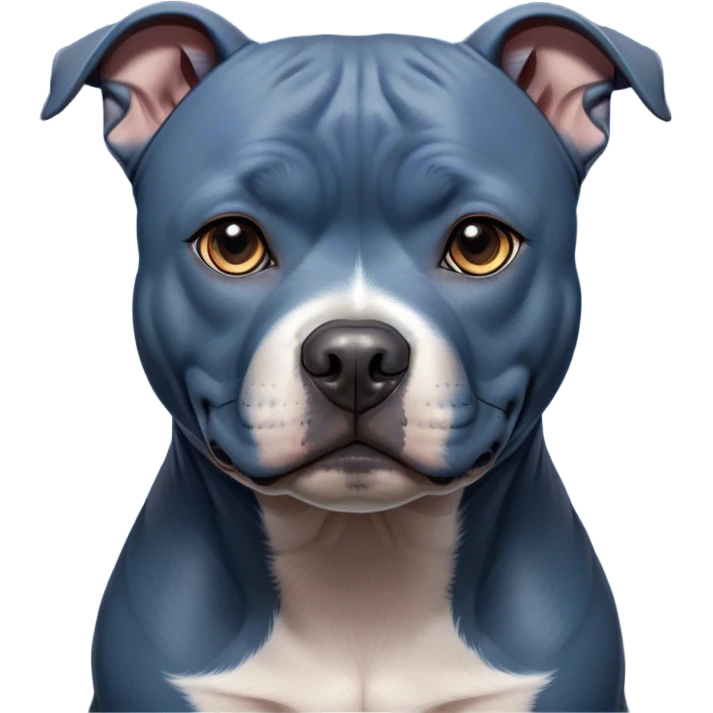 Cinematic Noble Blue Staffordshire Bull Terrier Portrait Emoji, Poised and regal, with a compact, muscular build and a sleek, well-groomed blue Fur, deep-set soulful dark eyes, Simplified yet sharp and sophisticated features, highly detailed, glowing with a soft, dignified glow, high shine, intelligent and loyal, stylized with an air of strength, focused and attentive, soft glowing outline, capturing the essence of a watchful and confident guardian, so majestic it feels as though it could stride out of the screen with effortless authority! emoji