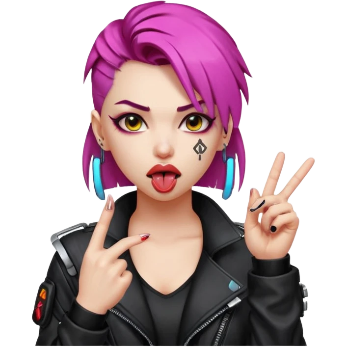 Woman with her tongue out in cyberpunk clothing and giving the middle finger. Looking naughty. emoji