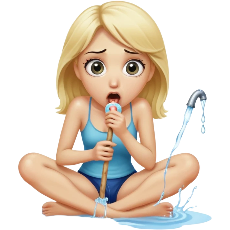 blond woman sitting on her knees with wide eyes, she's holding a thick short stick with a big knob, the stick is made of skin, water squirting from the knob into her mouth, shocked face emoji
