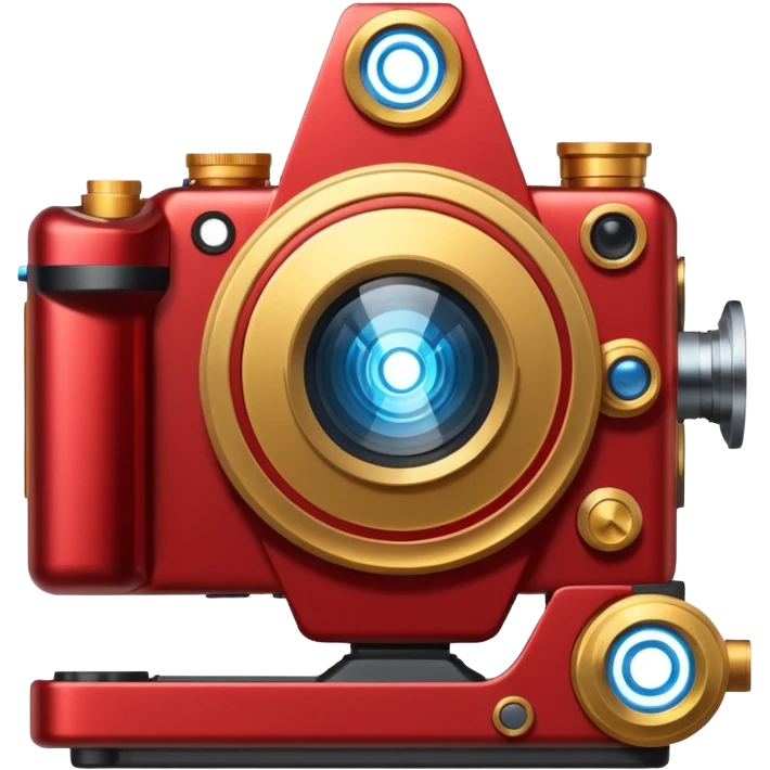 🎬🤖 Create a video project icon inspired by Iron Man: a sleek film camera with metallic red and gold accents, glowing with blue arc reactor energy. emoji