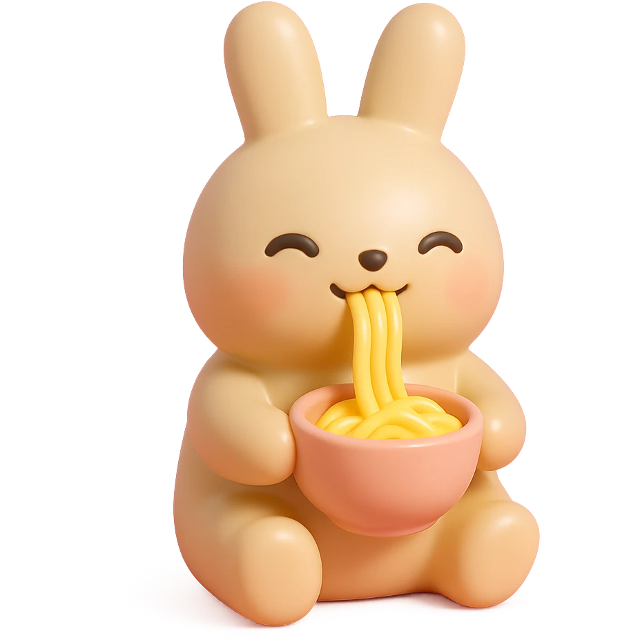 beige bunny happily slurping noodles in vinyl figure style emoji