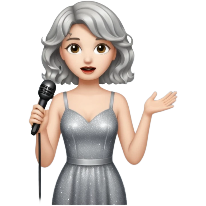 A short wavy female singer in sparkling dress holding a mic with emotional expression emoji