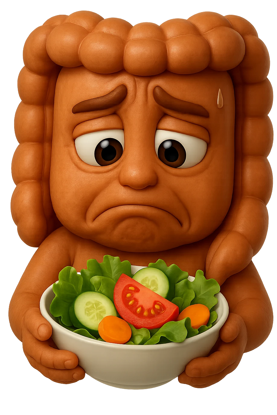 EMOJI STILE IPHONE DI UN INTESTINO UMANO ANATOMICO CHE GUARDA UN INSALATA CON ESPRESSIONE TRISTE E RASSEGNATA IN VOLTO: SOFFRE LA FAME PERCHé è A DIETA, FAGLI ANCHE LA PARTE BIANCA DEGLI OCCHI, NON SOLO LE PUPILLE, IPERREALISTICO 4K emoji