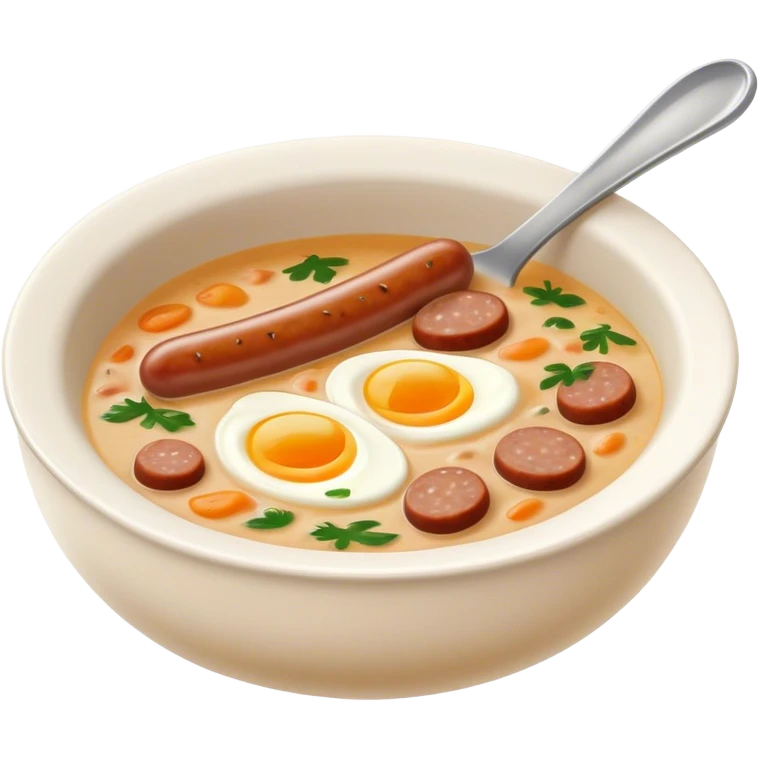 Cinematic Realistic ≈ªurek Soup Dish Emoji, depicted as a tangy, creamy rye soup with sausage and egg rendered with detailed textures and warm, comforting lighting. emoji