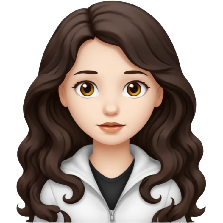 A girl in white with dark brown long wavy hair and very white skin emoji