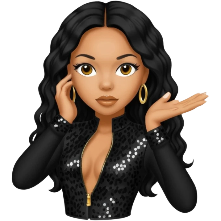 Kiely Williams from 3lw/Cheetah Girls with long jet black hair, black sequin outfit emoji