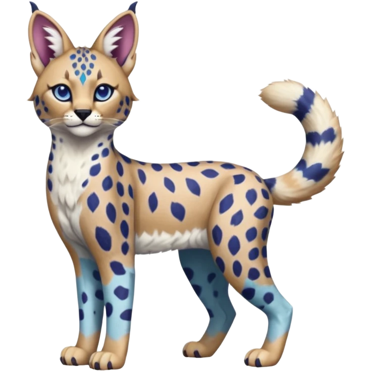 Colorful bluish cute adorable tropical exotic fruity blueberry-themed rosy Caracal-Cheetah-Serval-Snow-Leopard-Trico-Sergal-Vernid-fusion-hybrid-animal-creature, full body, with tribal markings emoji