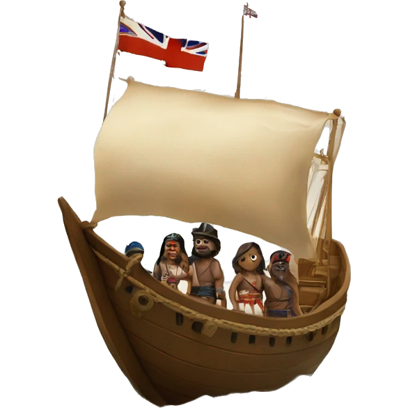 a ship and some land. the ship is approaching the land, and on the ship are british people. they are meeting the indians. there is a british flag on the ship. the indians are on the land. emoji
