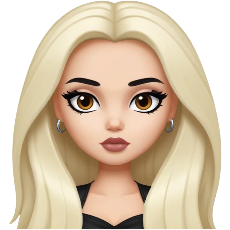 pretty bratz baddie, black eyeliner, medium white skin, jet-black long hair, dark brown eyes emoji