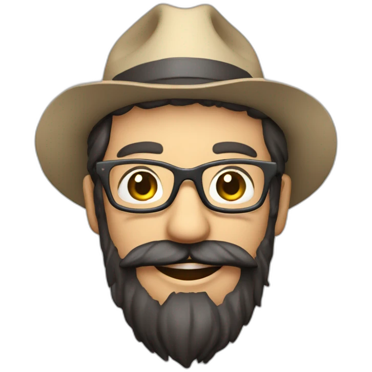 happy smile gardener face long dark beard and very short dark hair with little transparent glasses and a hat emoji