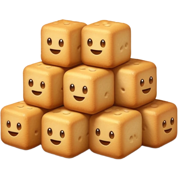 5 small croutons, golden-brown, stacked or scattered, crispy, textured, warm gradient, 3D, clean, softly lit, gentle shadows, transparent background, emoji scale emoji