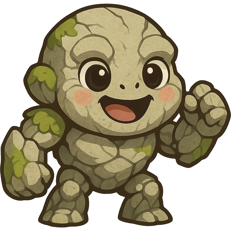 Tiny from Dota 2 in a cute chibi-style cartoon redesign, round proportions, big eyes, playful expression emoji