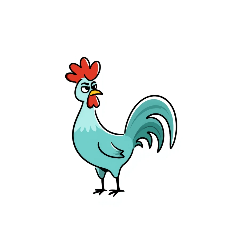 A silly cross-eyed rooster chicken with bright blue-green feathers, red comb, long neck, skinny legs, and confused expression emoji
