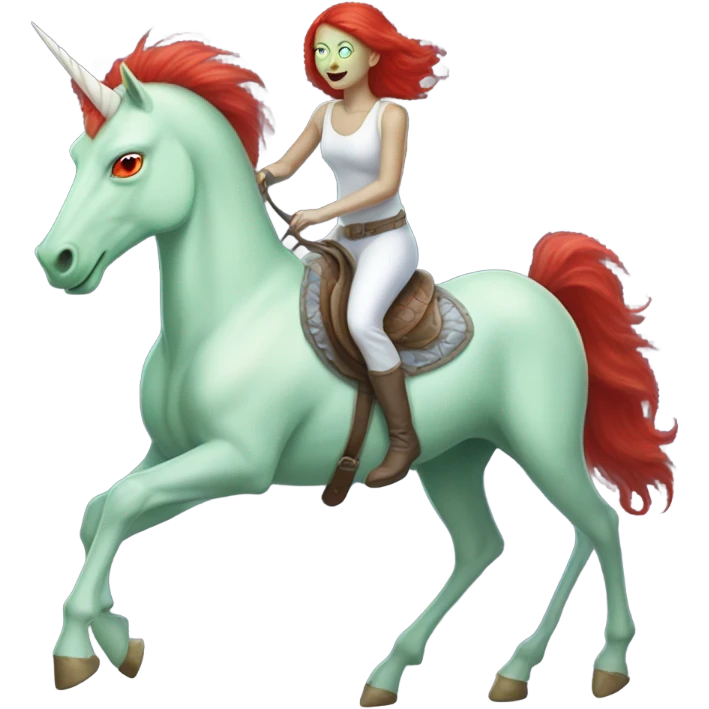 [politically incorrect
	{ woman: alien, color: light green, hair:red, eyes:cat} ]
	on a 
	[{ unicorn: white, legged:four, mane: light blue }] emoji