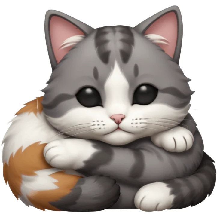 dark grey and white small cat with his eyes closed, leaning his head on his paw while leaning on his elbow lying down emoji