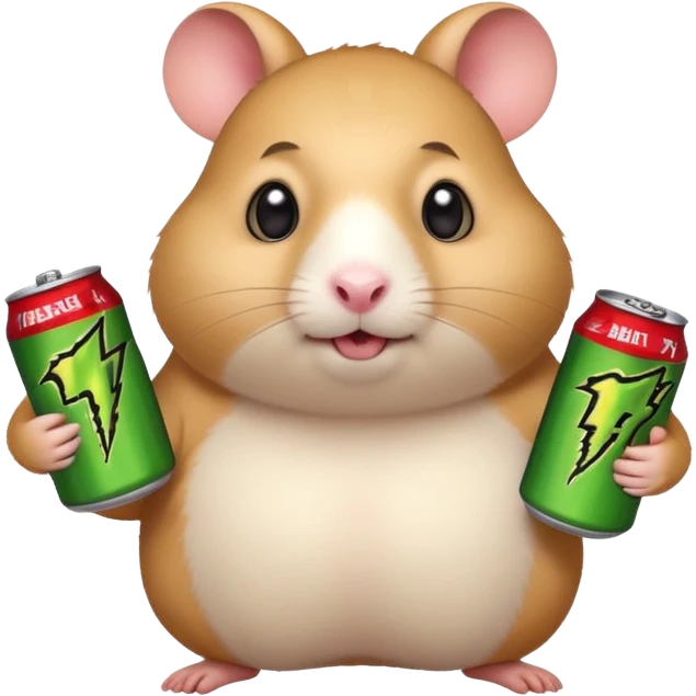 Funny cartoon-style fat hamster wide eyed like a crackhead holding a can of monster energy in one hand and redbull in the other hand emoji