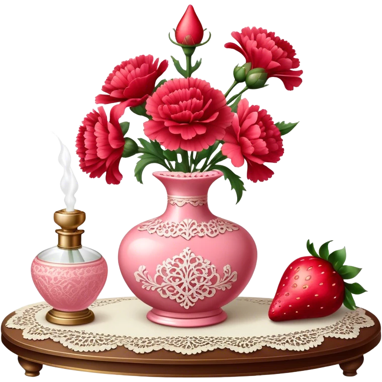 An ornate glass perfume bottle in Petal Pink with a vintage atomizer rests on an antique lace-covered table. Vibrant Strawberry Red carnations spill from a porcelain vase nearby, their fragrance mingling with the soft floral scent of the perfume.  emoji