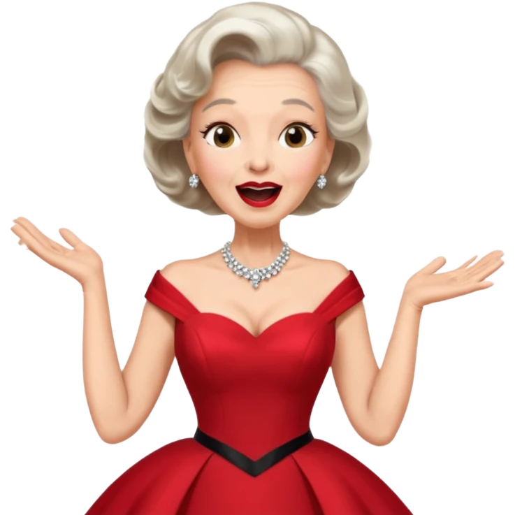Older woman – elegant gown, 50s, diva, red dress, expressive singing pose emoji