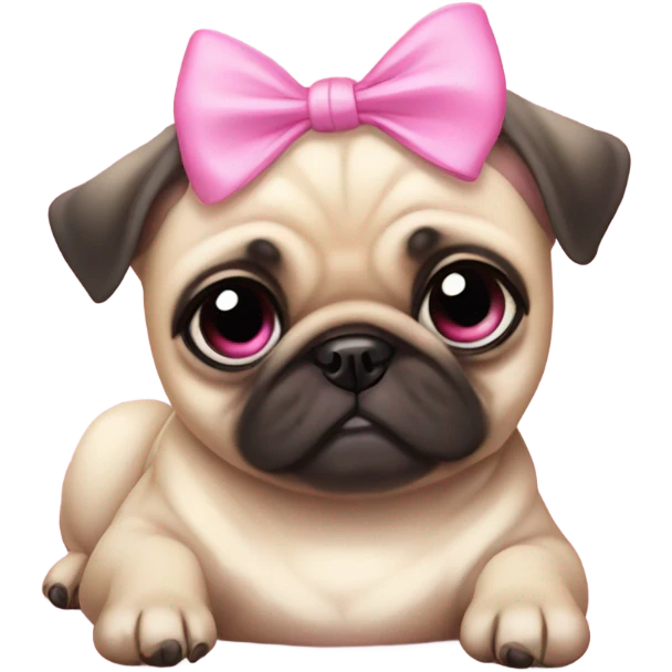 Baby pug with big pink
eyes lying down with a pink bow above 1 ear emoji