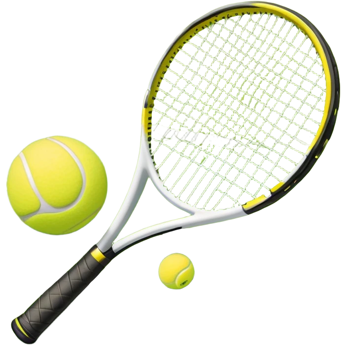 A tennis racket with a bright yellow tennis ball resting on it, set against the backdrop of a well-maintained tennis court. The scene emphasizes the smooth lines of the court and the focus on the ball and racket, symbolizing the elegance and precision of the sport emoji