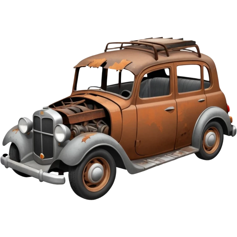 Side view of a broken-down old car with steam from the open bonnet, shattered windows, rusted doors, a flat tire, dents, peeling paint, and a grimy, neglected look. emoji