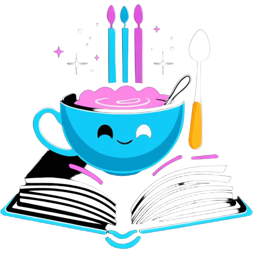 Mystical cookbook with glowing fork and spoon symbol on its cover, radiating magical light and surrounded by floating sparkles emoji