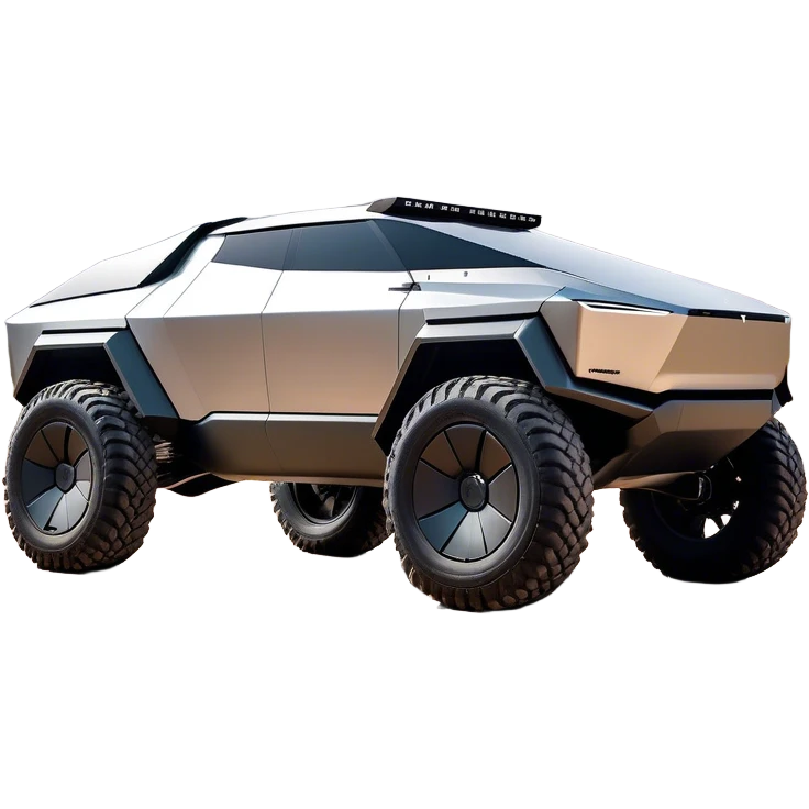 Tesla Cybertruck - A futuristic Tesla Cybertruck, angular and geometric with a sharp, triangular body shape. Stainless steel exoskeleton with a raw, unpainted, brushed-metal finish. A sleek, narrow LED light bar stretches across the entire front. Large, rugged off-road tires with exposed wheel arches. Smooth, handle-free doors and a slanted, armored rear with a retractable tonneau cover. Rear LED strip mirroring the front. The vehicle looks like a sci-fi-inspired, bulletproof stealth tank on wheels, set in a high-tech urban environment at sunset, with reflections on its metallic surface. emoji