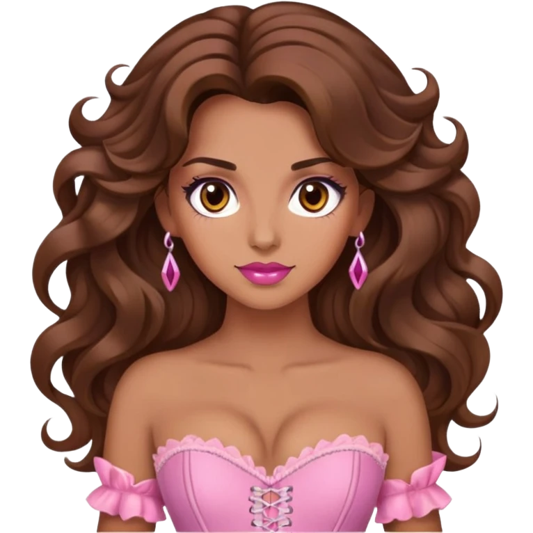 Une femme à la peau mat et aux cheveux long, châtain et ondulé. Elle a les yeux marron et elle est maquiller, elle porte un corset rose.  emoji