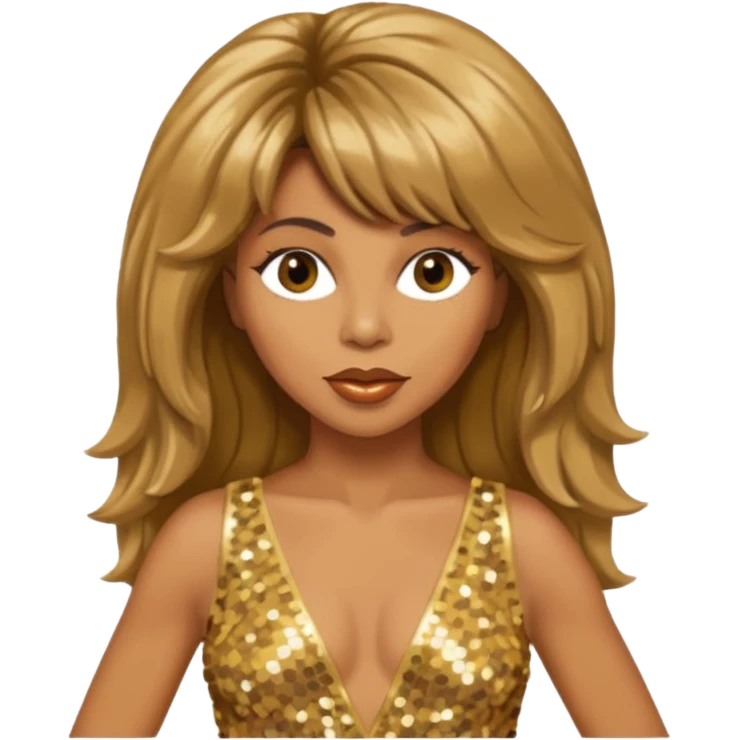 Tina Turner with long light brown hair, gold outfit emoji