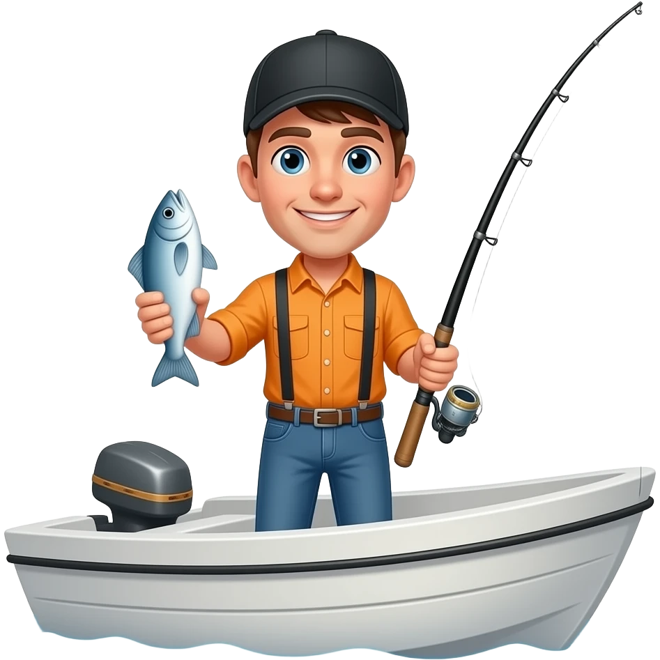 a guy on a fishing boat with a black baseball hat and orange shirt standing up holding a fishing rod and small fish emoji