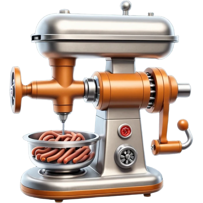 sausage-processing droid. retro-futuristic style. top is a circular industrial meat grinder with rotating gears and blades. Two robotic arms feed material into grinder. Sausage links extrude from the rear like  factory. The body is metallic, compact, and floats above the ground.no legs. Dark humor emoji
