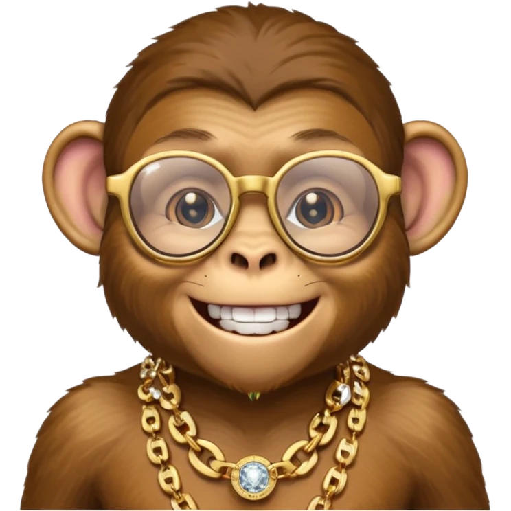 rich monkey (actual monkey, not human looking) with glasses smiling with diamond grillz and a bitcoin golden chain with diamond pearls emoji
