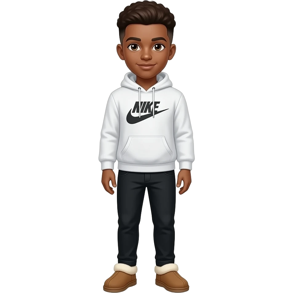 make a super hot brown skin colored high schooler with fluffy brown low taper fade wearing a white nike hoodie with black essential pants and ugg tasmans for men on the feet emoji