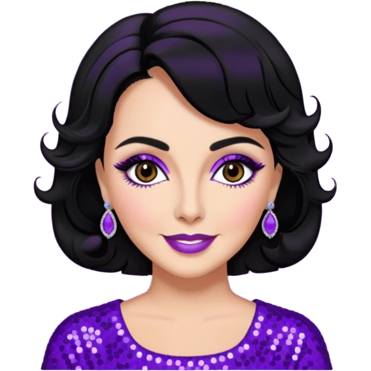 Elizabeth Taylor with black hair, purple sequin outfit emoji
