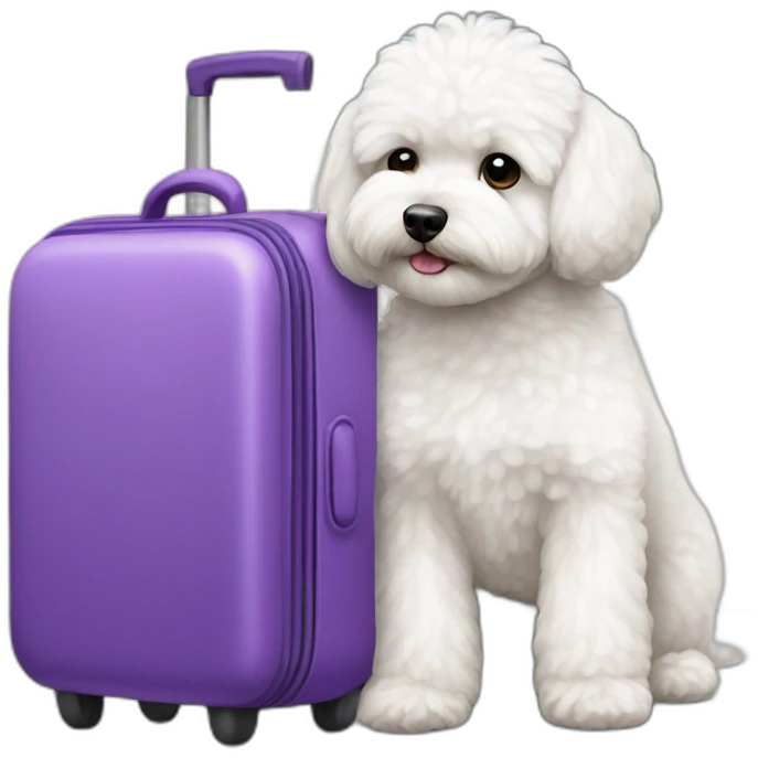 white maltipoo with purple luggage emoji