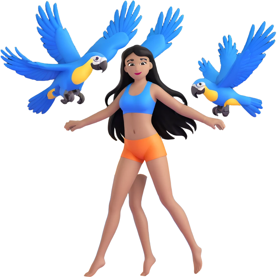 woman with long straight black hair, light brown skin, with blue macaws flying around her, and the three arches of Atalaia Beach (Aracaju-SE) in the background emoji