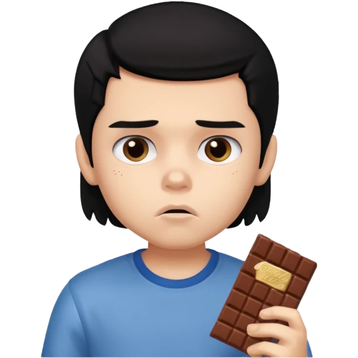 a PRETTY BRATZ boy with black hair eating chocolate and looking sad emoji
