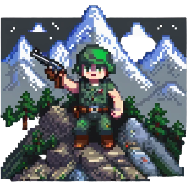 Small pixelated character with a gun shooting at a mountain with enemies emoji