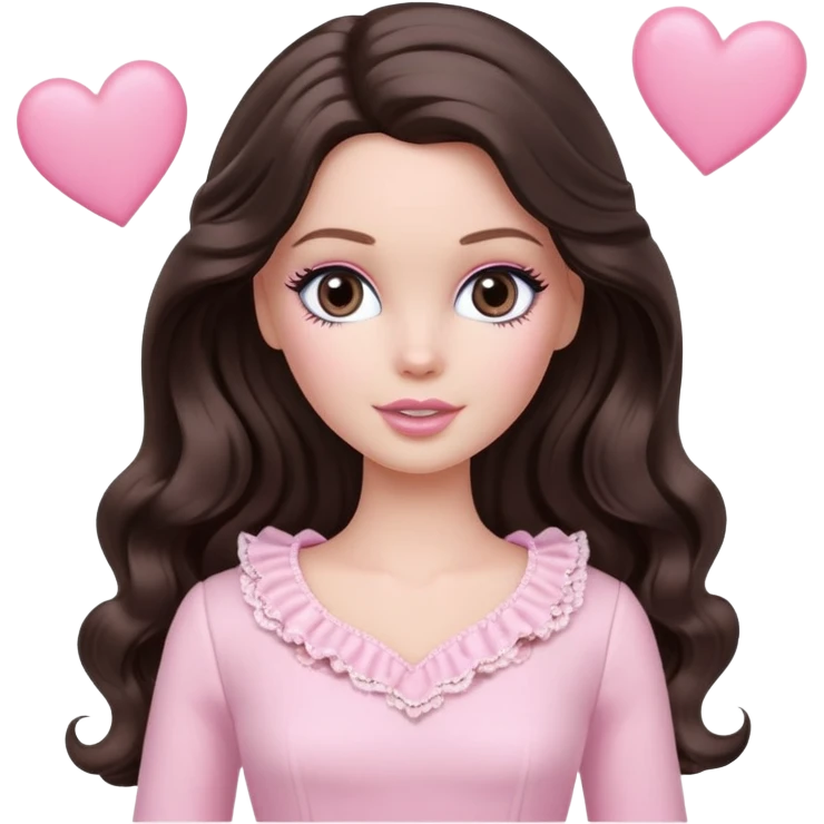 A white Barbie girl with long dark brown wavy hair in pale pink clothes has pale pink hearts instead of eyes emoji