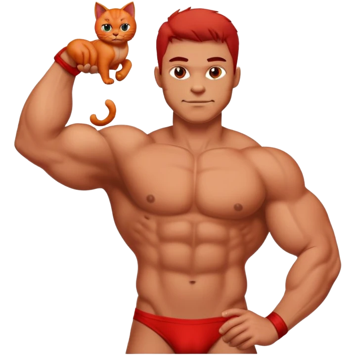 Naked men with large biceps holding red cat emoji