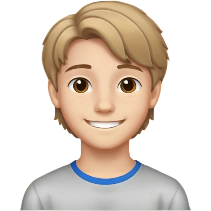 Teen boy with light complexion, brown curtain hair, middle part hairstyle, smiling face, 14 years old emoji