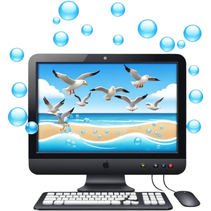 desktop computer on beach with bubbles and seagulls in the sky emoji
