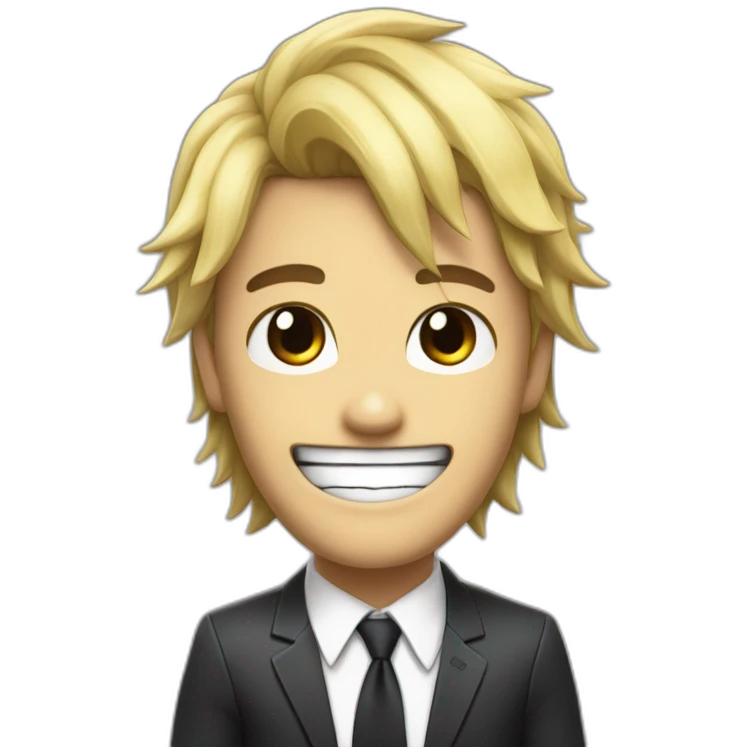 Denji with his blond hair in a shaggy style, brown eyes, with his shark teeth, is smiling evil and with a shirt with a black tie from chainsawman emoji